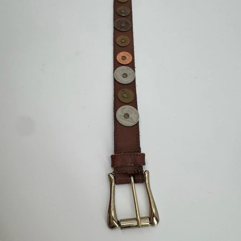Vintage Leather Belt Womens XS Coin Studded International Currency Brown Boho